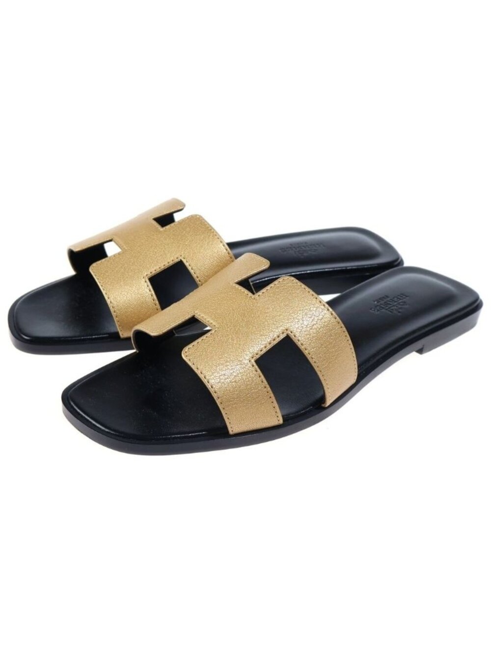 Hermes Oran Leather Sandals Black Gold